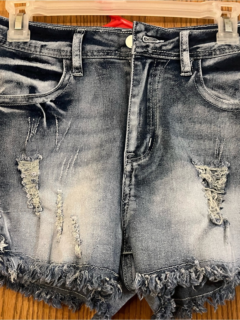 Distressed High-Rise Denim Shorts - Faded Blue